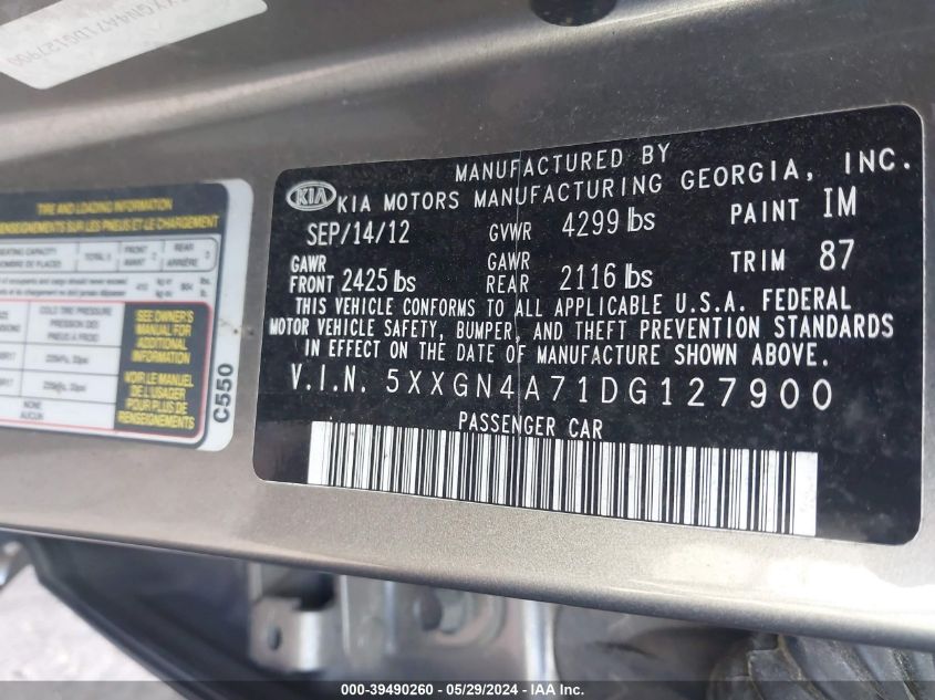 2013 Kia Optima Ex VIN: 5XXGN4A71DG127900 Lot: 39490260