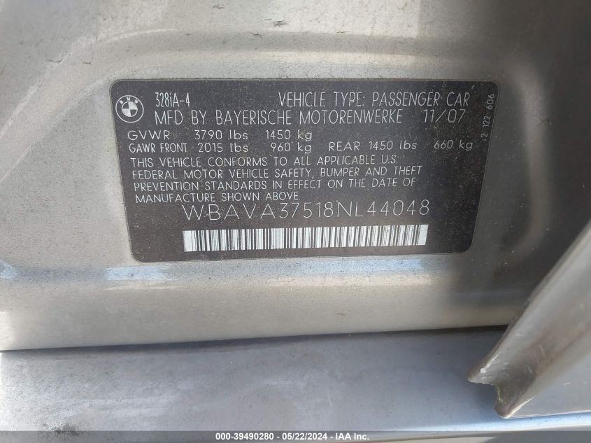 2008 BMW 3 Series 328I VIN: WBAVA37518NL44048 Lot: 39490280