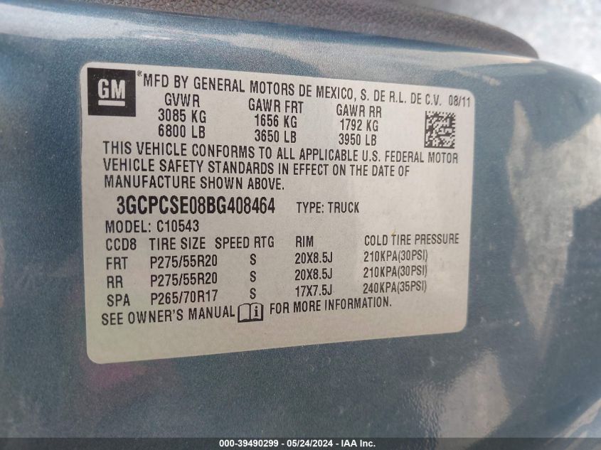 2011 Chevrolet Silverado 1500 Lt VIN: 3GCPCSE08BG408464 Lot: 39490299