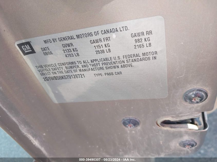 2007 Chevrolet Impala Ls VIN: 2G1WB58K579128721 Lot: 39490307