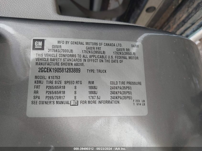 2008 Chevrolet Silverado 1500 Lt1 VIN: 2GCEK190581283889 Lot: 39490312