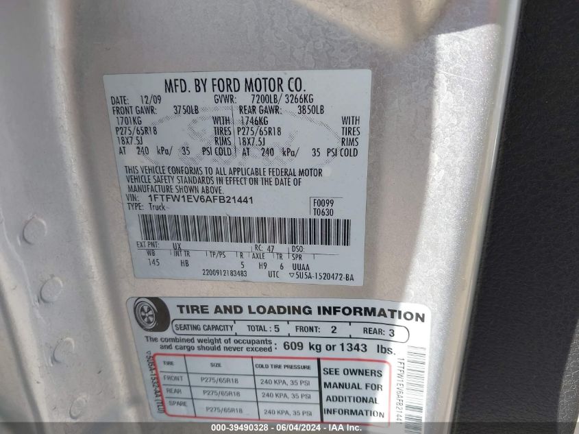 2010 Ford F-150 Fx4/Harley-Davidson/King Ranch/Lariat/Platinum/Xl/Xlt VIN: 1FTFW1EV6AFB21441 Lot: 39490328