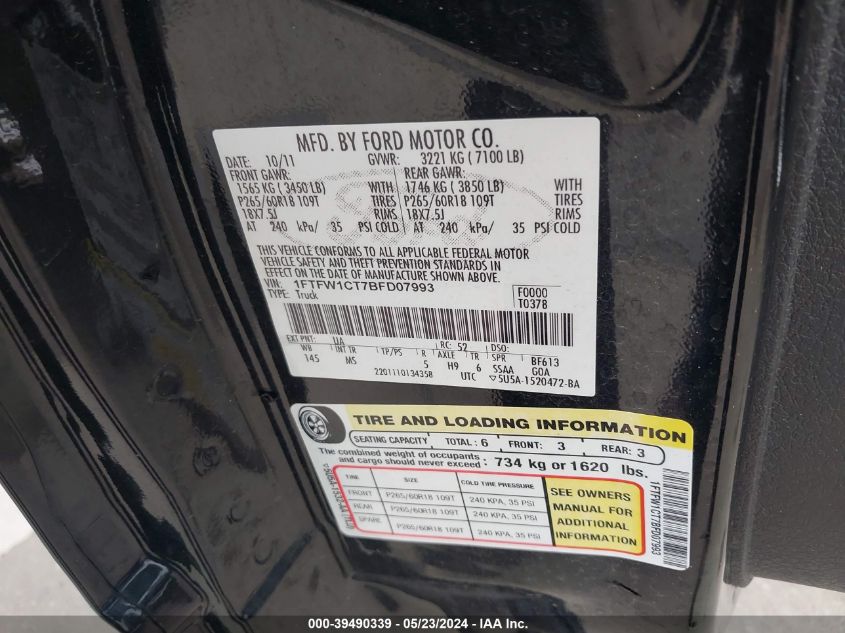 2011 Ford F-150 Xlt VIN: 1FTFW1CT7BFD07993 Lot: 39490339