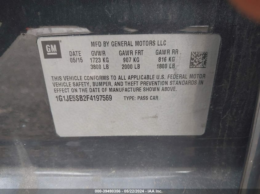 2015 Chevrolet Sonic Ltz Auto VIN: 1G1JE5SB2F4197569 Lot: 39490356