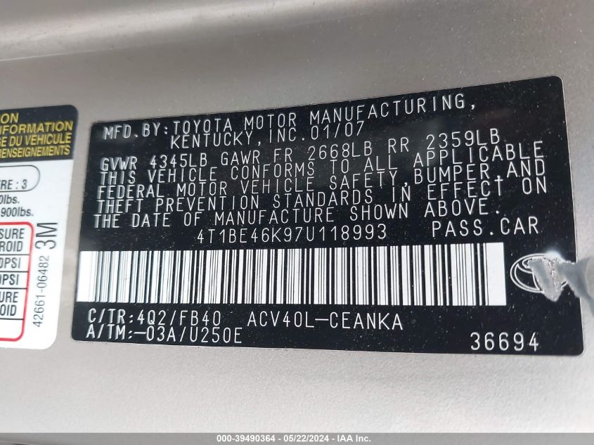2007 Toyota Camry Le VIN: 4T1BE46K97U118993 Lot: 39490364
