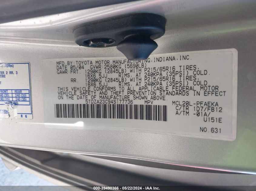 2004 Toyota Sienna Le VIN: 5TDZA23C94S177736 Lot: 39490366