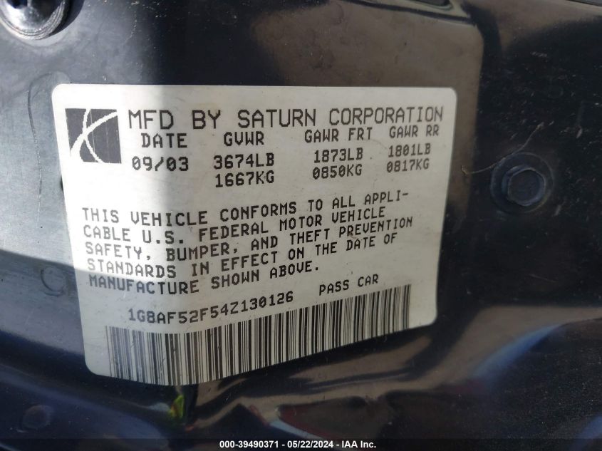 2004 Saturn Ion 1 VIN: 1G8AF52F54Z130126 Lot: 39490371