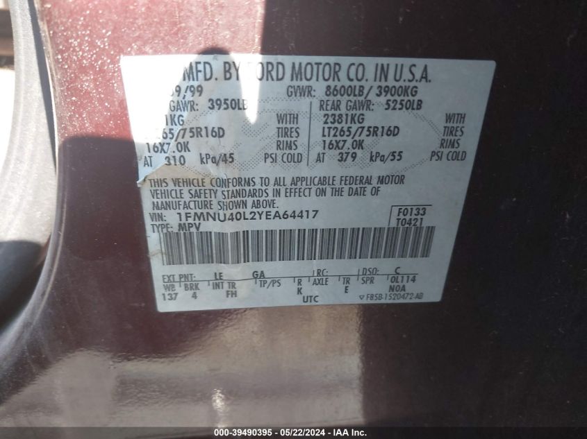 2000 Ford Excursion Xlt VIN: 1FMNU40L2YEA64417 Lot: 39490395