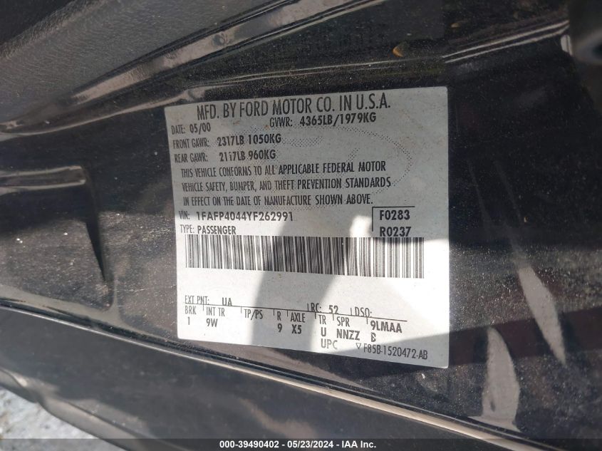 2000 Ford Mustang VIN: 1FAFP4044YF262991 Lot: 39490402