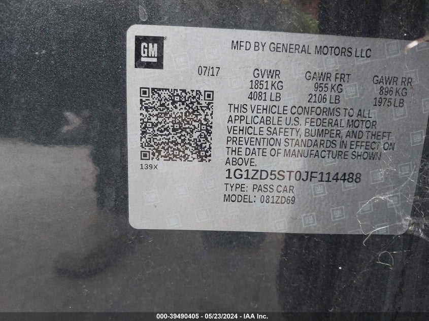 2018 Chevrolet Malibu Lt VIN: 1G1ZD5ST0JF114488 Lot: 39490405