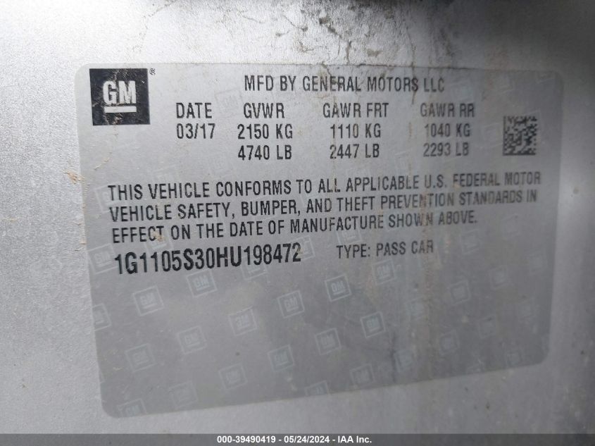 2017 Chevrolet Impala 1Lt VIN: 1G1105S30HU198472 Lot: 39490419