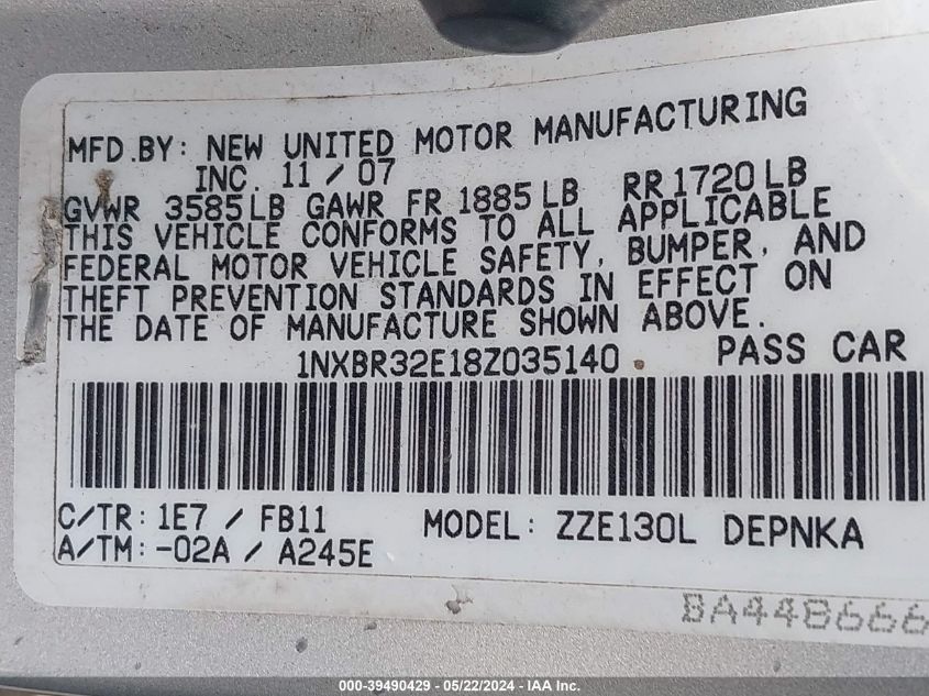 2008 Toyota Corolla Le VIN: 1NXBR32E18Z035140 Lot: 39490429