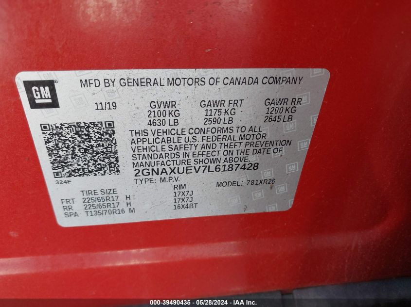 2020 Chevrolet Equinox Awd Lt 1.5L Turbo VIN: 2GNAXUEV7L6187428 Lot: 39490435