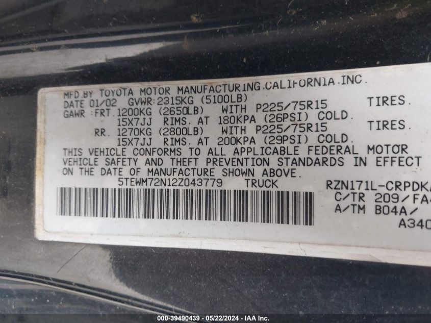 2002 Toyota Tacoma VIN: 5TEWM72N12Z043779 Lot: 39490439