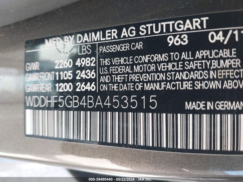 2011 Mercedes-Benz E 350 VIN: WDDHF5GB4BA453515 Lot: 39490440