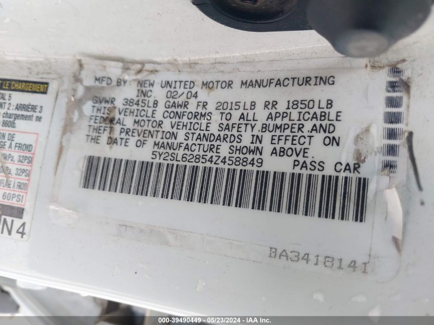 2004 Pontiac Vibe VIN: 5Y2SL62854Z458849 Lot: 39490449