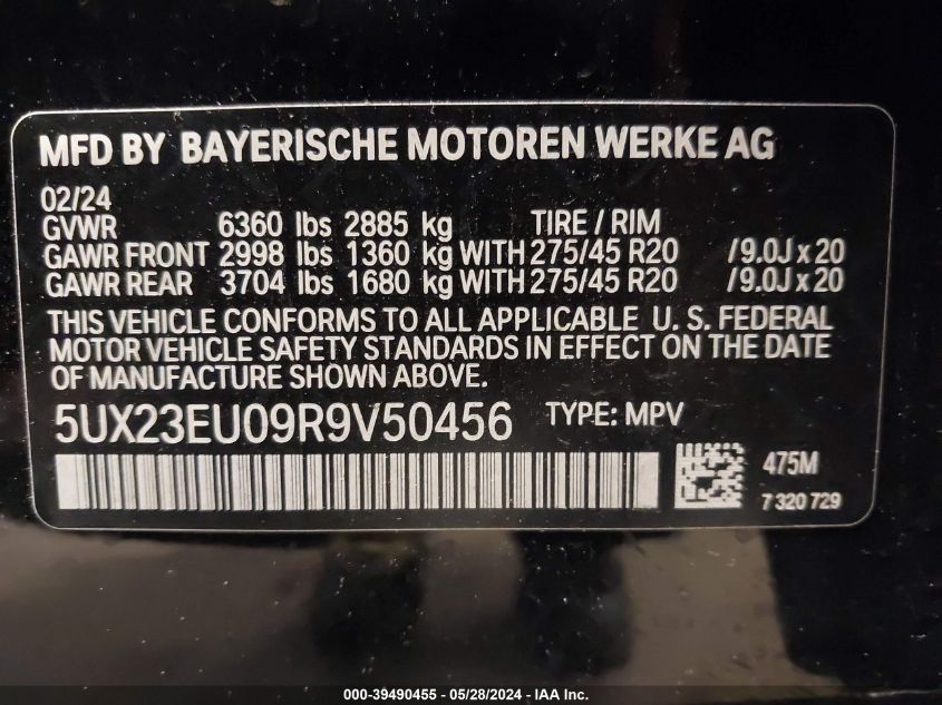 2024 BMW X5 xDrive40I VIN: 5UX23EU09R9V50456 Lot: 39490455