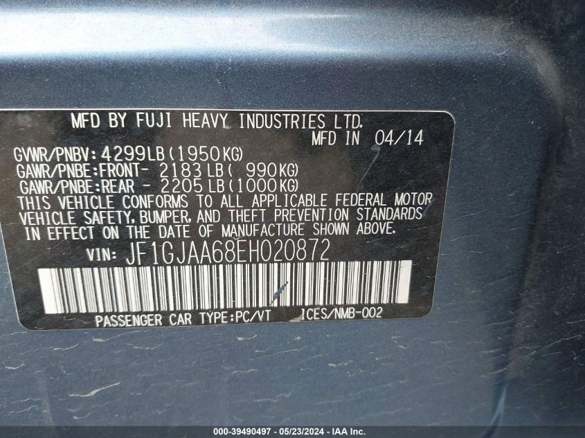 2014 Subaru Impreza 2.0I VIN: JF1GJAA68EH020872 Lot: 39490497