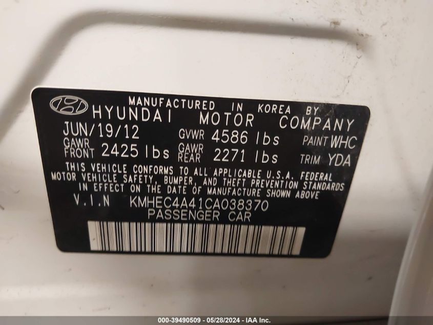 2012 Hyundai Sonata Hybrid VIN: KMHEC4A41CA038370 Lot: 39490509