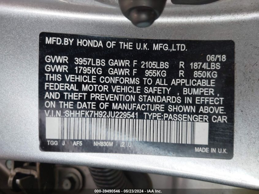 2018 Honda Civic Sport Touring VIN: SHHFK7H92JU229541 Lot: 39490546