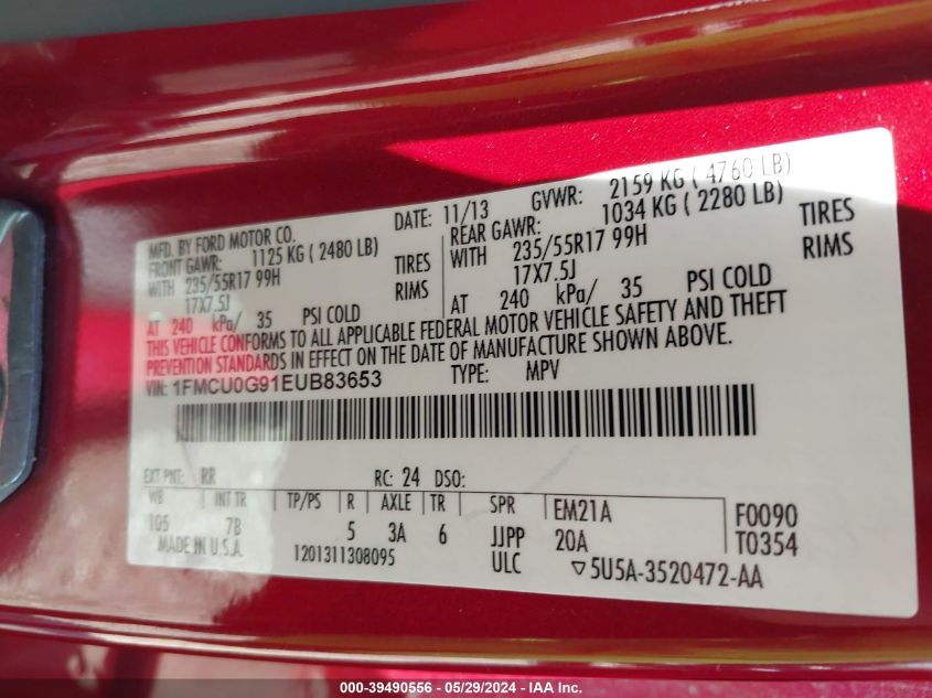 2014 Ford Escape Se VIN: 1FMCU0G91EUB83653 Lot: 39490556