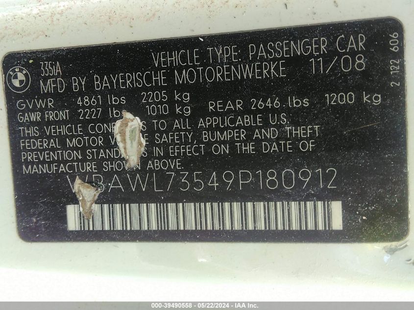 2009 BMW 335 I VIN: WBAWL73549P180912 Lot: 39490558