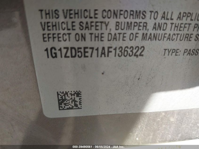 2010 Chevrolet Malibu Lt VIN: 1G1ZD5E71AF136322 Lot: 39490561