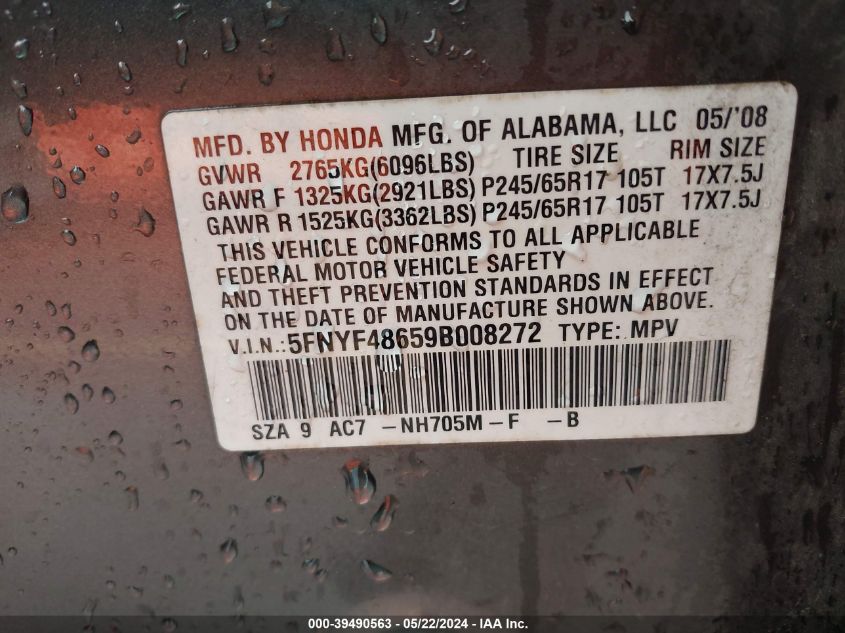 2009 Honda Pilot Ex-L VIN: 5FNYF48659B008272 Lot: 39490563