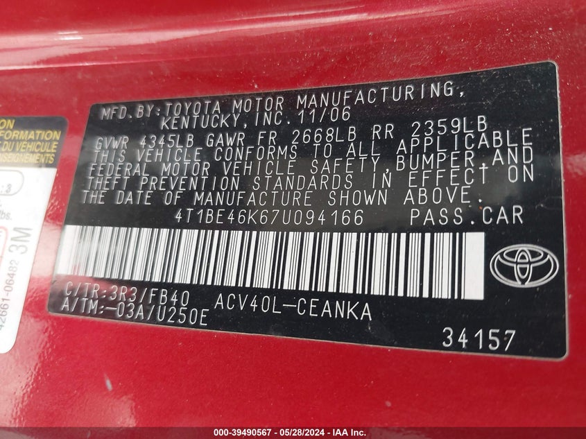 2007 Toyota Camry Le VIN: 4T1BE46K67U094166 Lot: 39490567