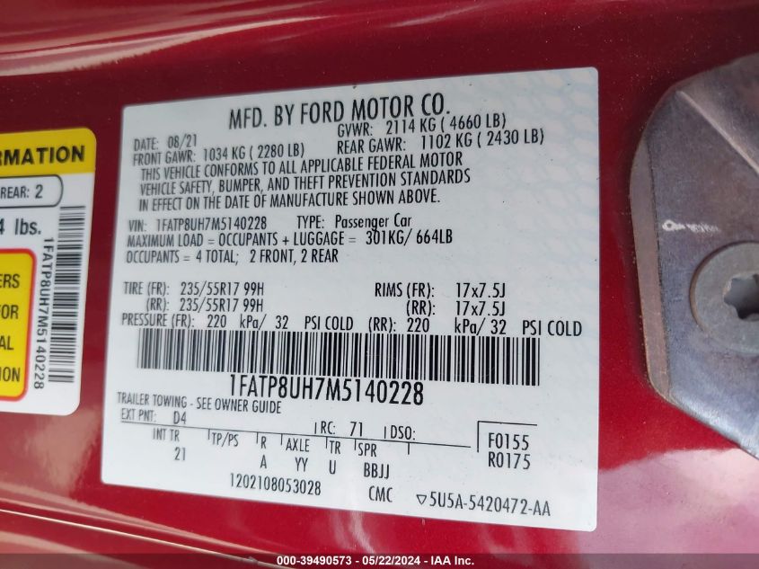 2021 Ford Mustang Ecoboost VIN: 1FATP8UH7M5140228 Lot: 39490573