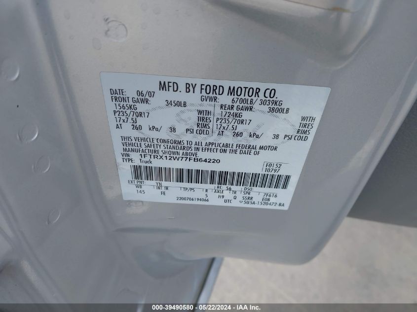 2007 Ford F-150 Stx/Xl/Xlt VIN: 1FTRX12W77FB64220 Lot: 39490580