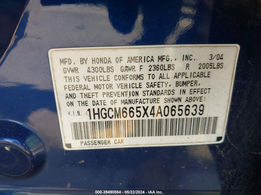 2004 Honda Accord 3.0 Ex VIN: 1HGCM665X4A065639 Lot: 39490584