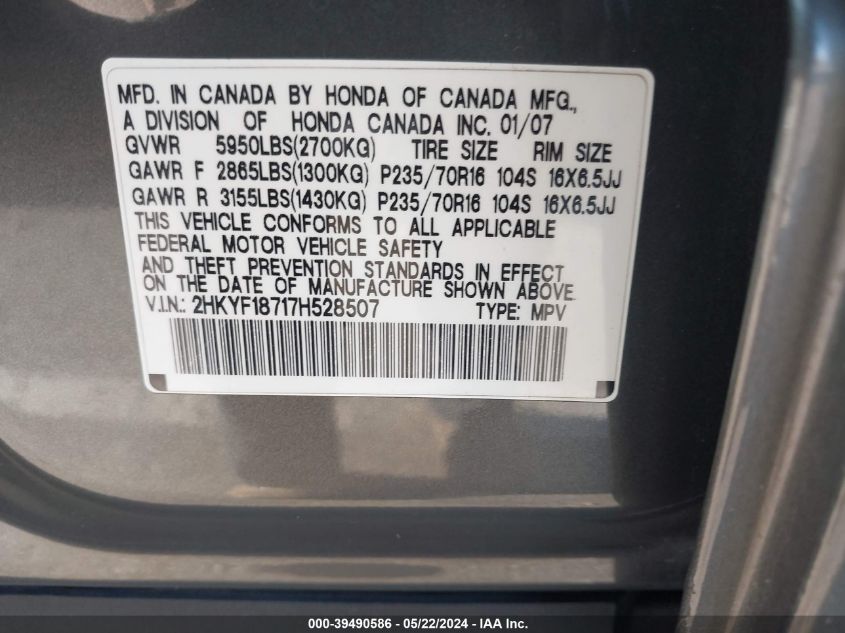 2007 Honda Pilot Ex-L VIN: 2HKYF18717H528507 Lot: 39490586