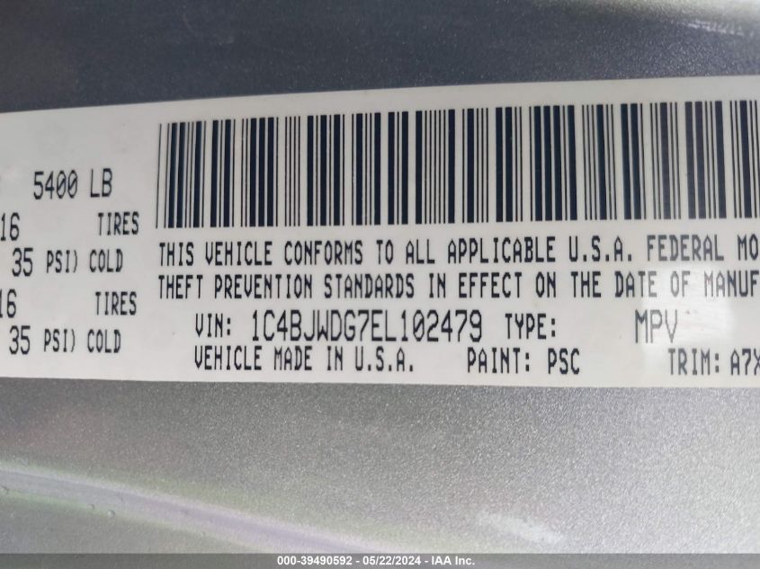 2014 Jeep Wrangler Unlimited Sport VIN: 1C4BJWDG7EL102479 Lot: 39490592