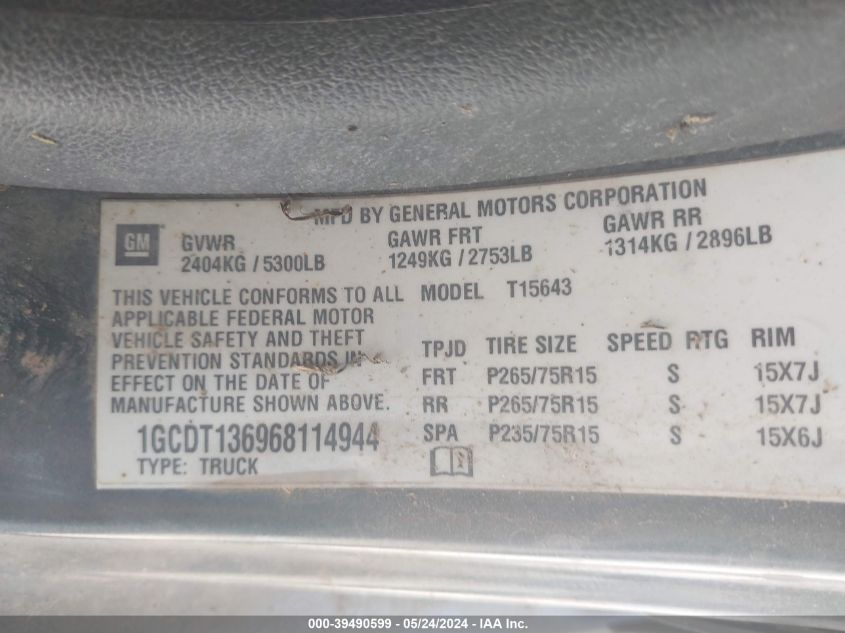 2006 Chevrolet Colorado Lt VIN: 1GCDT136968114944 Lot: 39490599