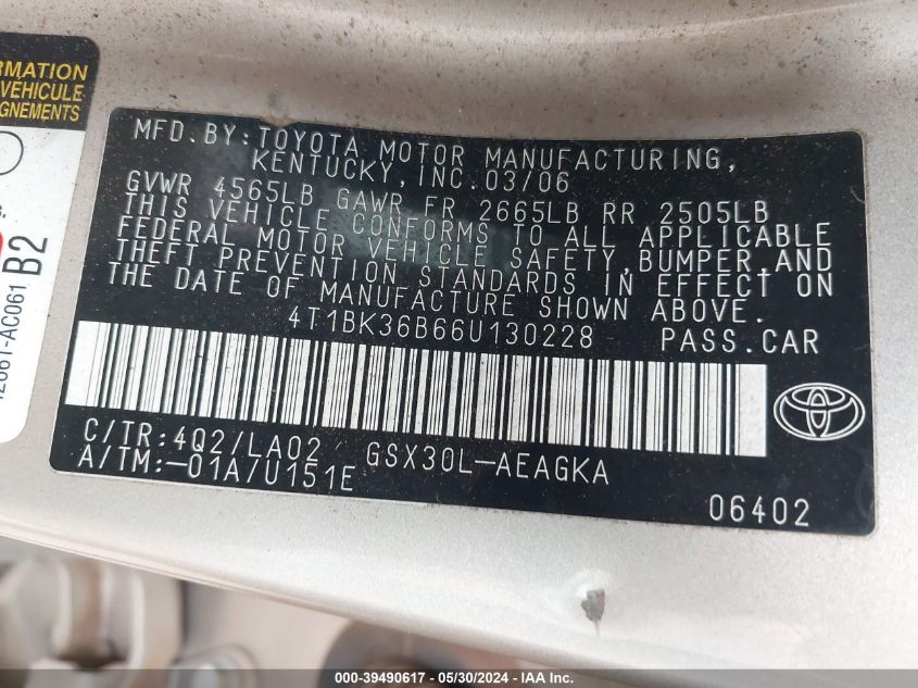 2006 Toyota Avalon Xls VIN: 4T1BK36B66U130228 Lot: 39490617