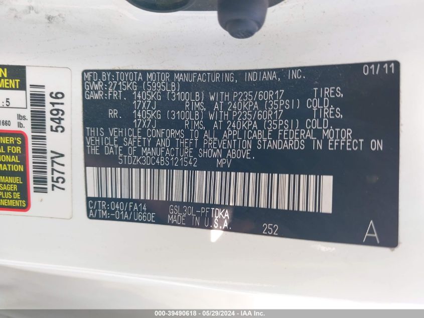 2011 Toyota Sienna Base V6 VIN: 5TDZK3DC4BS121542 Lot: 39490618