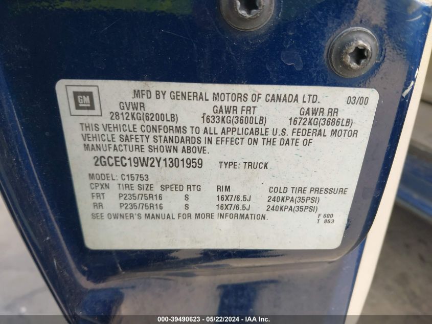 2000 Chevrolet Silverado 1500 Ls VIN: 2GCEC19W2Y1301959 Lot: 39490623