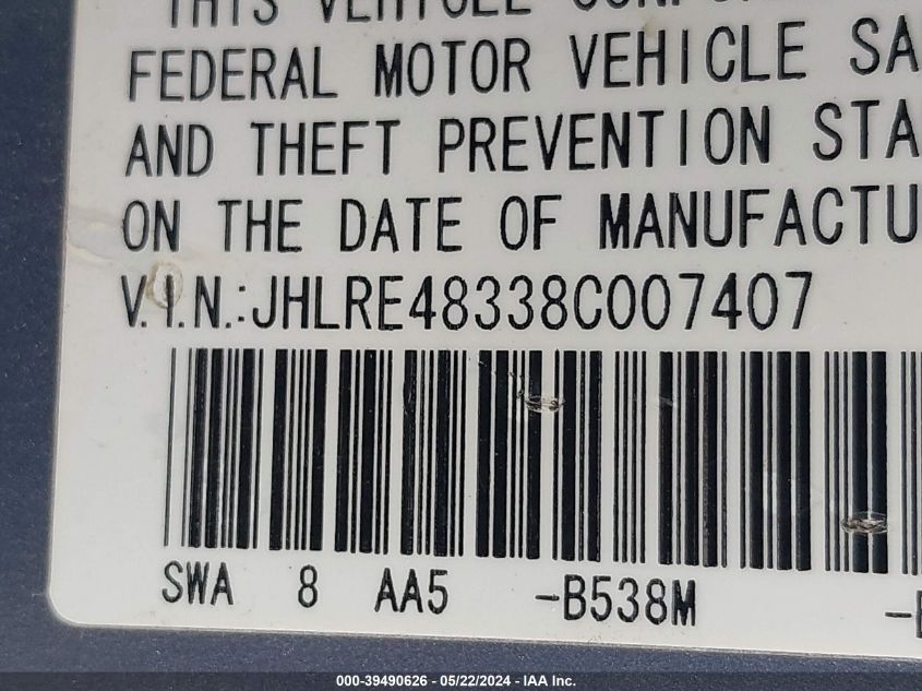 2008 Honda Cr-V Lx VIN: JHLRE48338C007407 Lot: 39490626