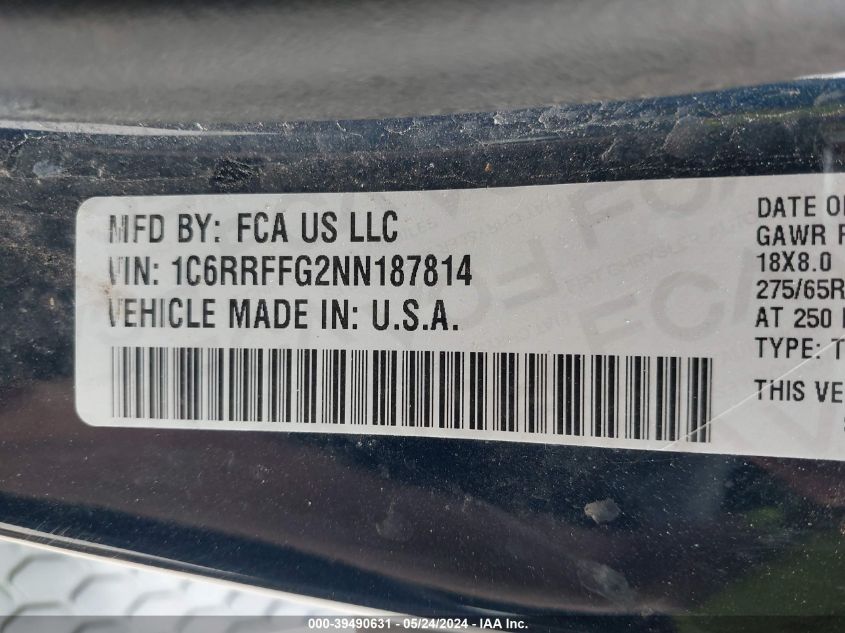 2022 Ram 1500 Big Horn 4X4 5'7 Box VIN: 1C6RRFFG2NN187814 Lot: 39490631