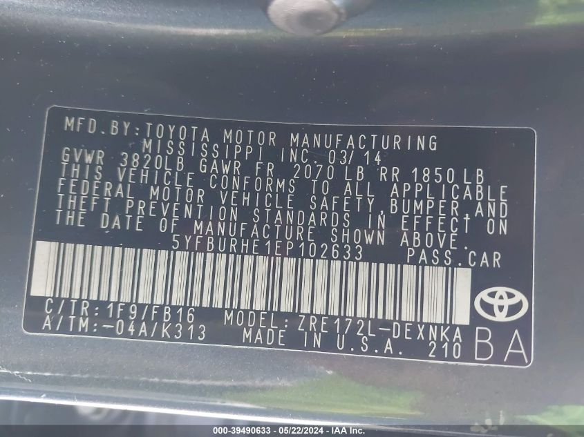 2014 Toyota Corolla Le Plus VIN: 5YFBURHE1EP102633 Lot: 39490633