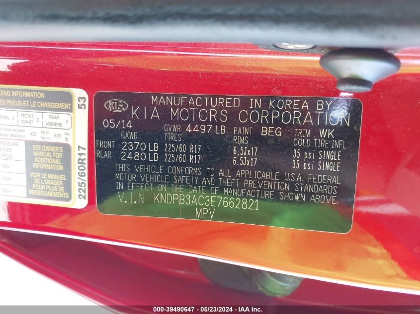2014 Kia Sportage Lx VIN: KNDPB3AC3E7662821 Lot: 39490647