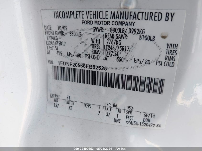 2006 Ford F-250 VIN: 1FDNF20566EB62525 Lot: 39490653