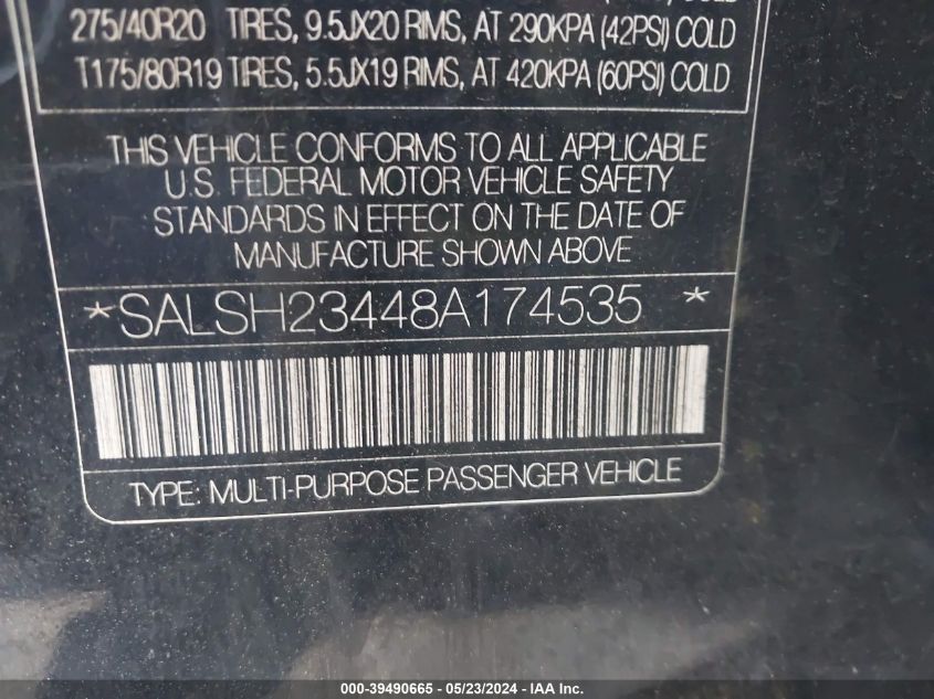 2008 Land Rover Range Rover Sport Supercharged VIN: SALSH23448A174535 Lot: 39490665