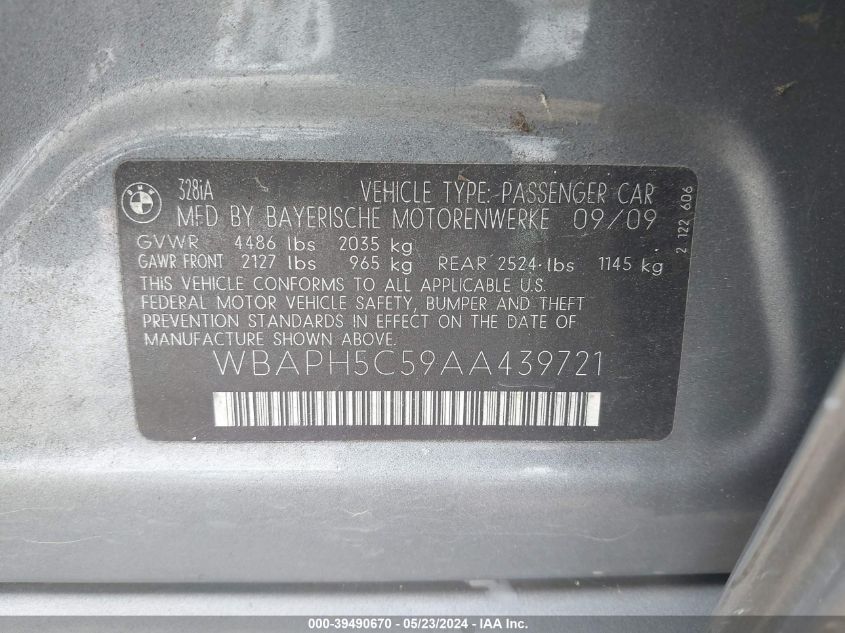 2010 BMW 328I VIN: WBAPH5C59AA439721 Lot: 39490670