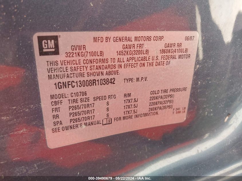 2008 Chevrolet Tahoe Lt VIN: 1GNFC13008R103842 Lot: 39490679