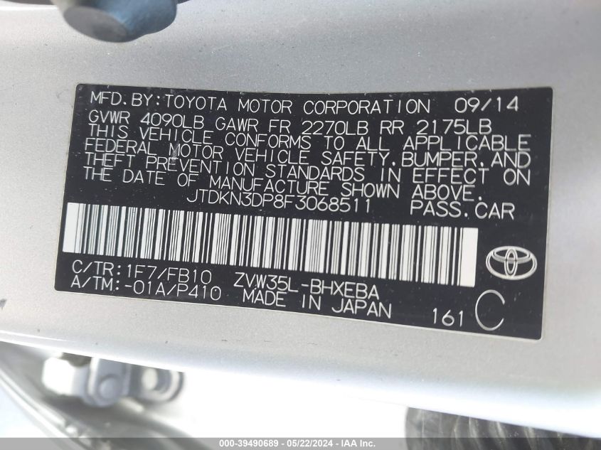 2015 Toyota Prius Plug-In Base (Cvt) VIN: JTDKN3DP8F3068511 Lot: 39490689