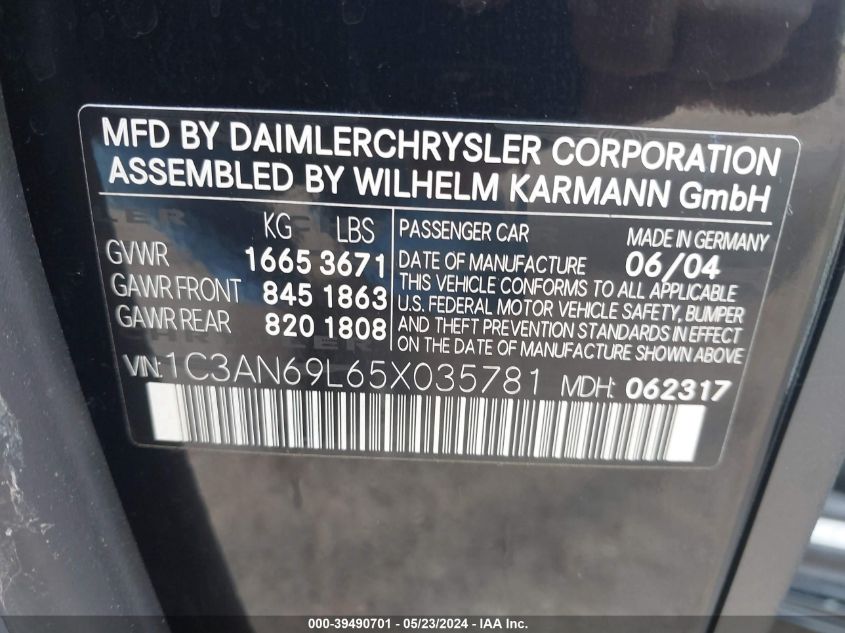 2005 Chrysler Crossfire Limited VIN: 1C3AN69L65X035781 Lot: 39490701