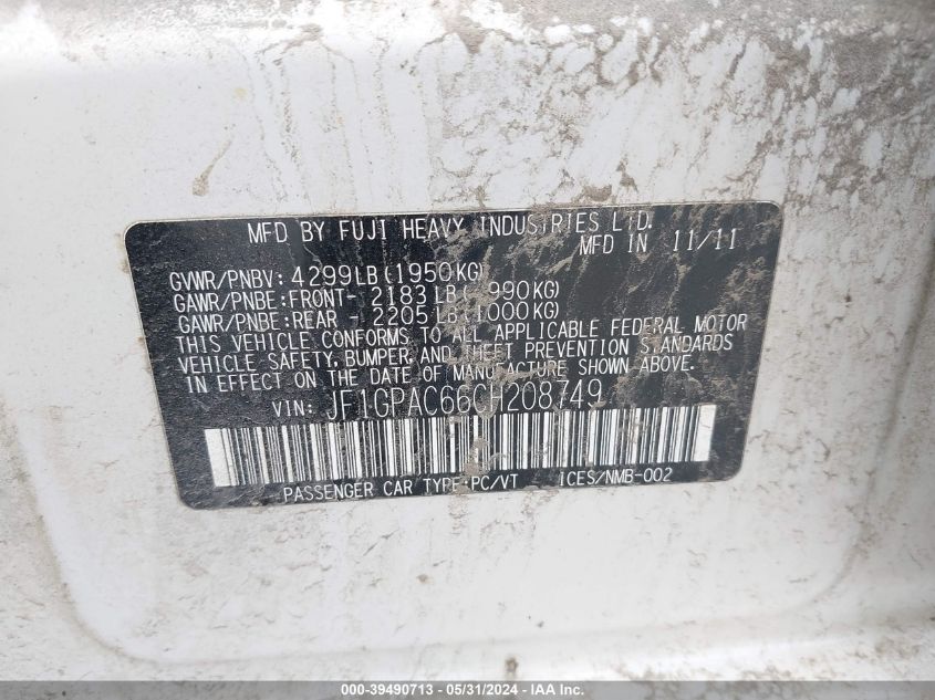 2012 Subaru Impreza 2.0I Premium VIN: JF1GPAC66CH208749 Lot: 39490713