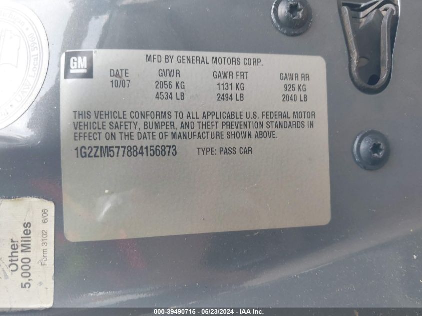 2008 Pontiac G6 Gxp VIN: 1G2ZM577884156873 Lot: 39490715